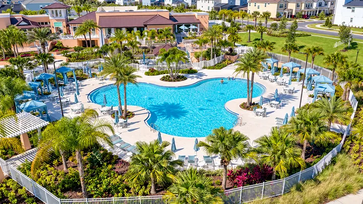 Aerial view of Solara Resort pool and recreation area