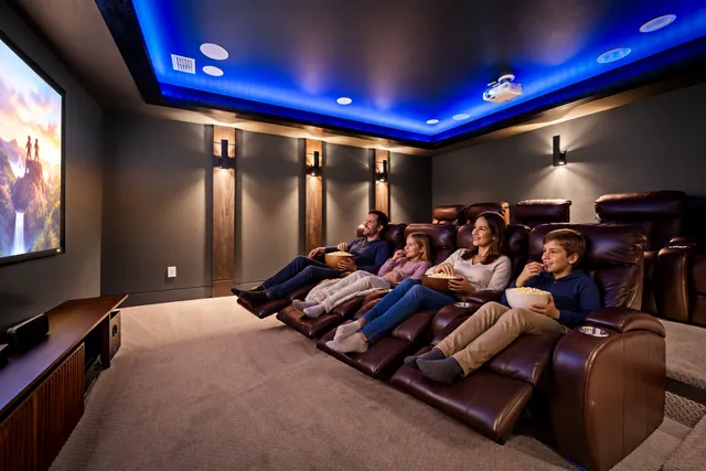 Family watching a movie and sharing popcorn in a home theater