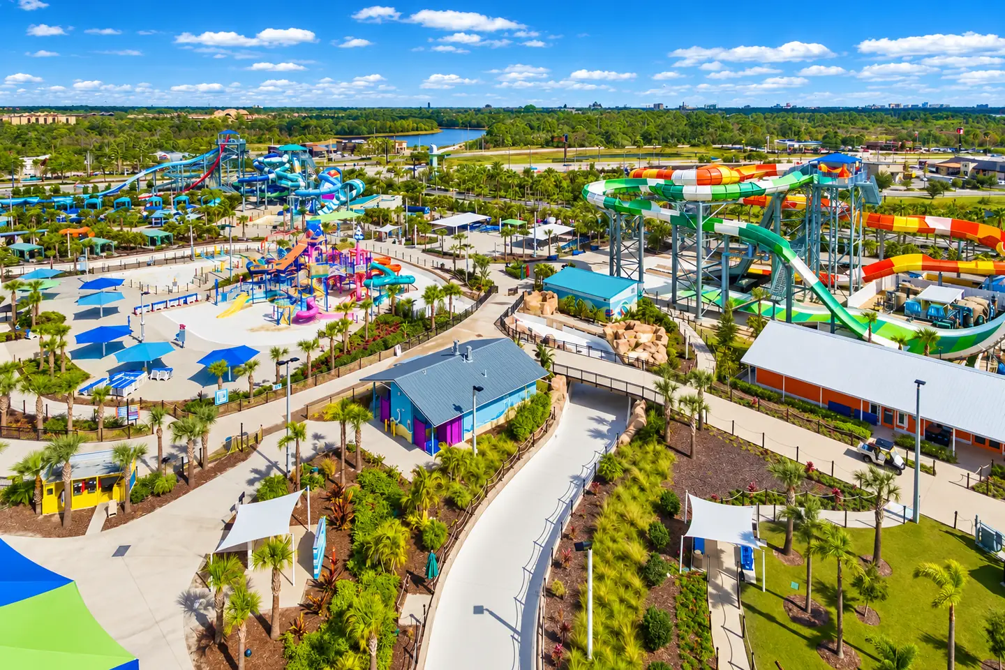 Slides and attractions at Island H2O Water Park, a separately ticketed attraction outside Formosa Gardens