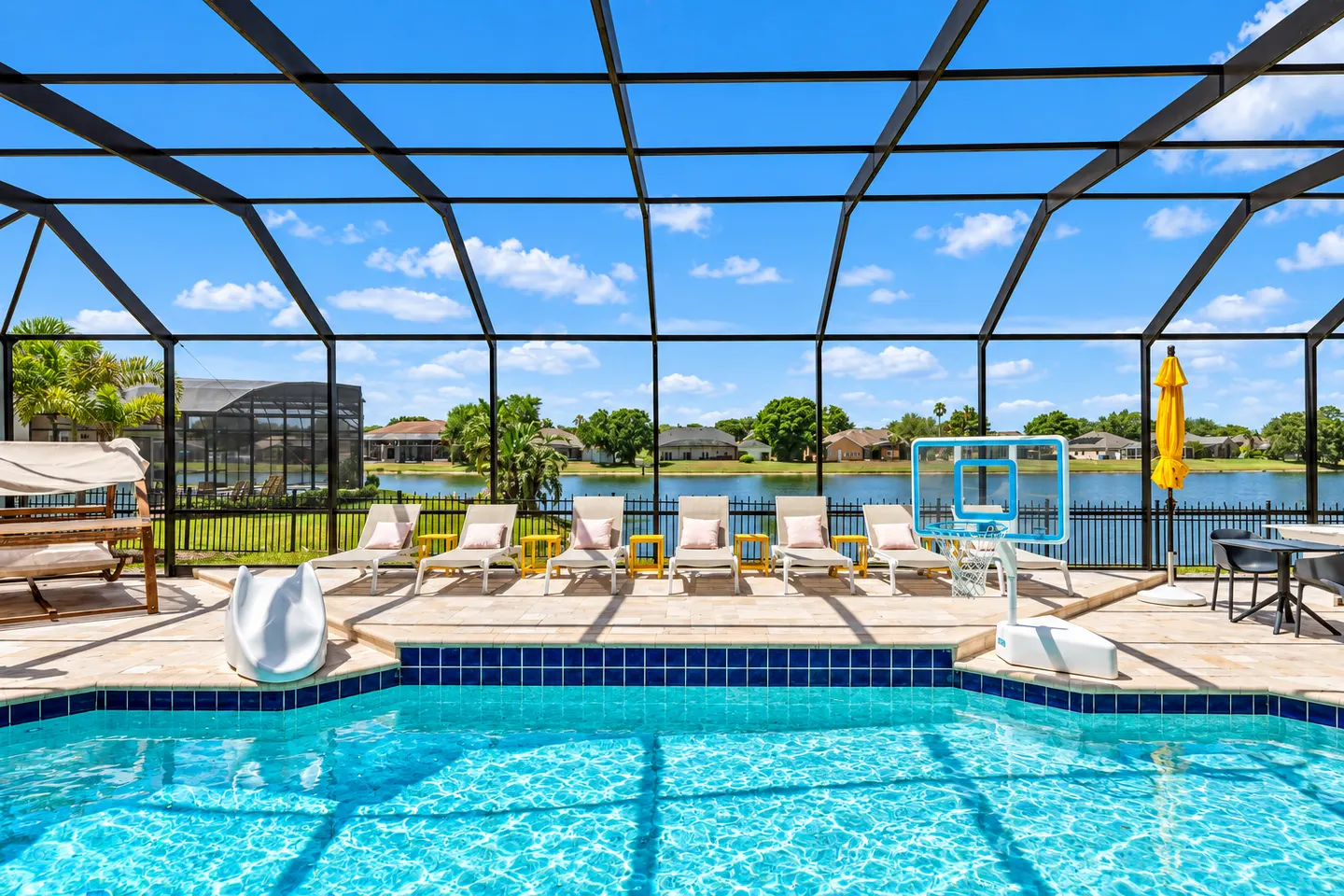 Screened private pool with loungers and a lake view at a Formosa Gardens home