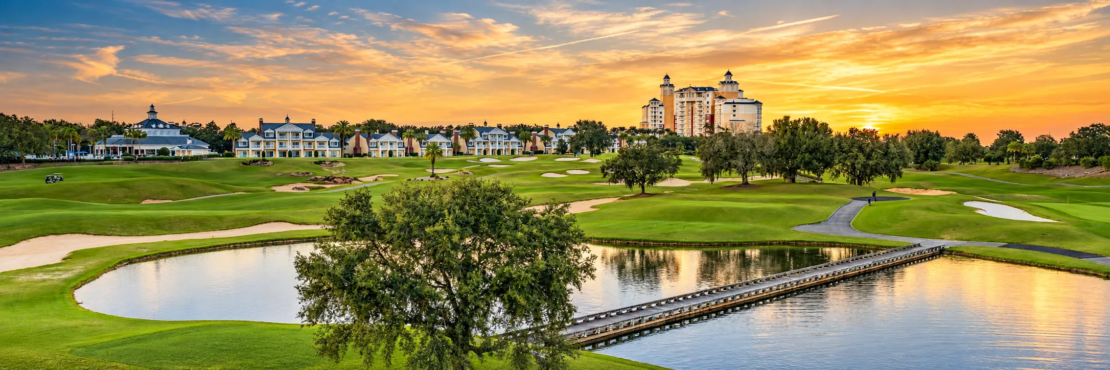 Reunion Resort golf course and lakes at sunset