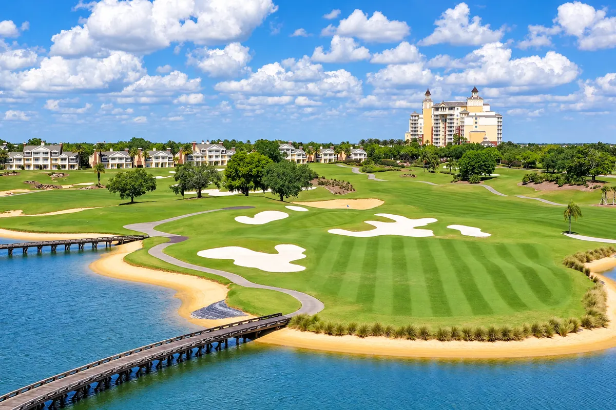 Reunion Resort golf course with lakes, bunkers and the Grande in the distance