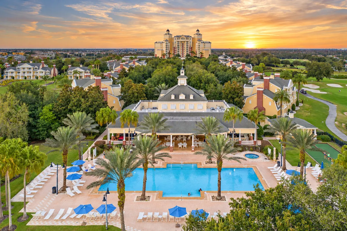 Reunion Resort clubhouse pool at sunset