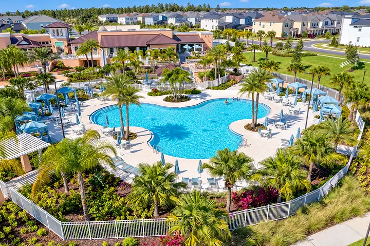 Aerial view of Solara Resort pool and clubhouse