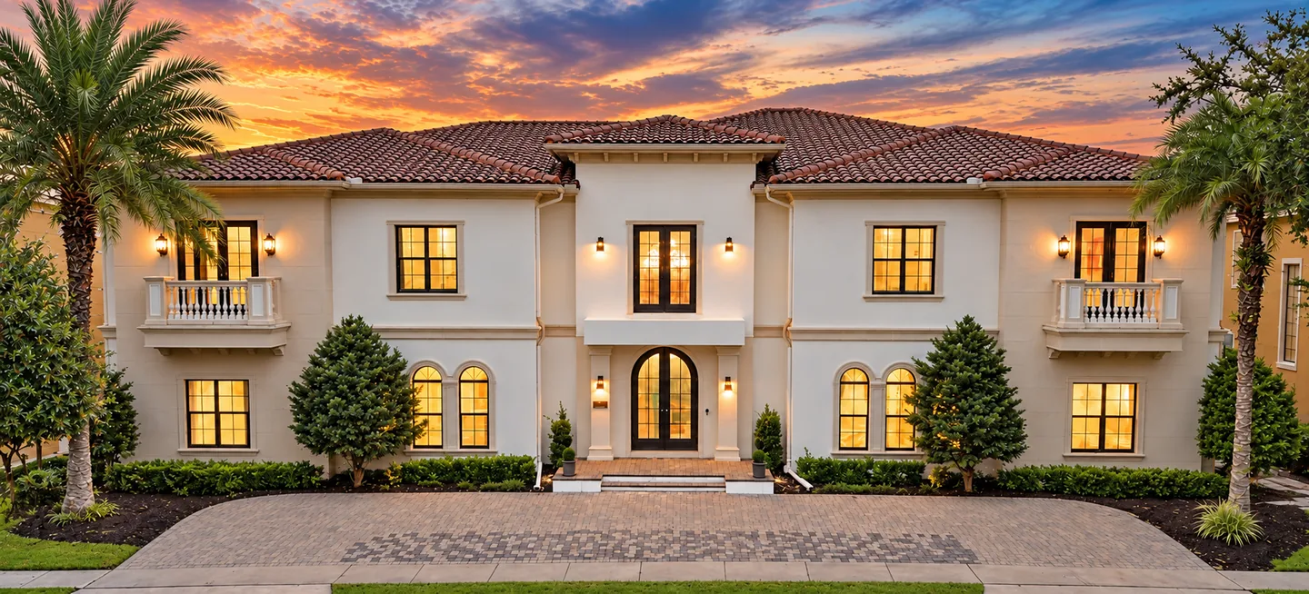 Luxury Florida vacation villa with palm trees and illuminated windows at sunset